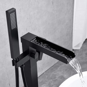 Rubinetto da Bagno Nero Opaco Autoportante con Cascata e Doccetta, Montaggio a Pavimento - Product Image 3