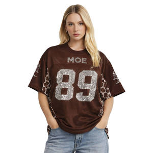 Maillot de football américain surdimensionné pour femme avec strass et numéros, style streetwear hip-hop, empiècements léopard, OEM - Product Image 4