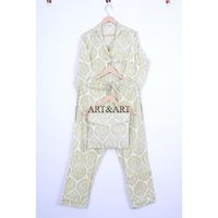 Conjunto de Bata de Algodón y Fibra de Bambú Estampada para Mujer, Manga Larga, Cuello en V, Patrón Geométrico, Suave, Informal, Ropa de Dormir de Longitud Completa, Talle Medio