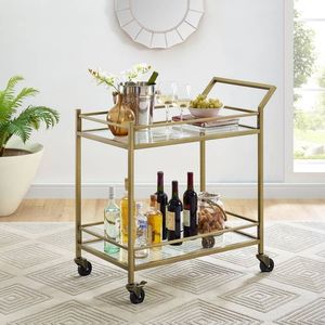 Stylish Iron Bar Cart with Gold Finish and Glass Shelves Rolling <b>Serving</b> <b>Trolley</b> Home Bar Kitchen Dining Room Beverage Display - Product Image 5