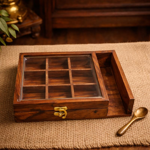 Boîte à épices en bois artisanale pour la cuisine, boîte à masala traditionnelle, organisateur de rangement pour épices, boîte à masala en bois, boîte à épices de cuisine - Product Image 4