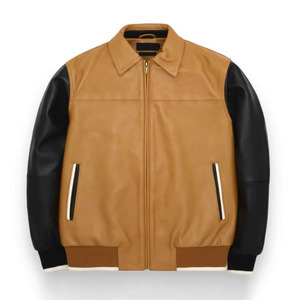 Chaqueta Bomber de Cuero Marrón para Hombre con Cierre de Cremallera en las Mangas Negras, Cuello Camisero, Estilo Otoñal, Ropa Exterior Informal - Product Image 1