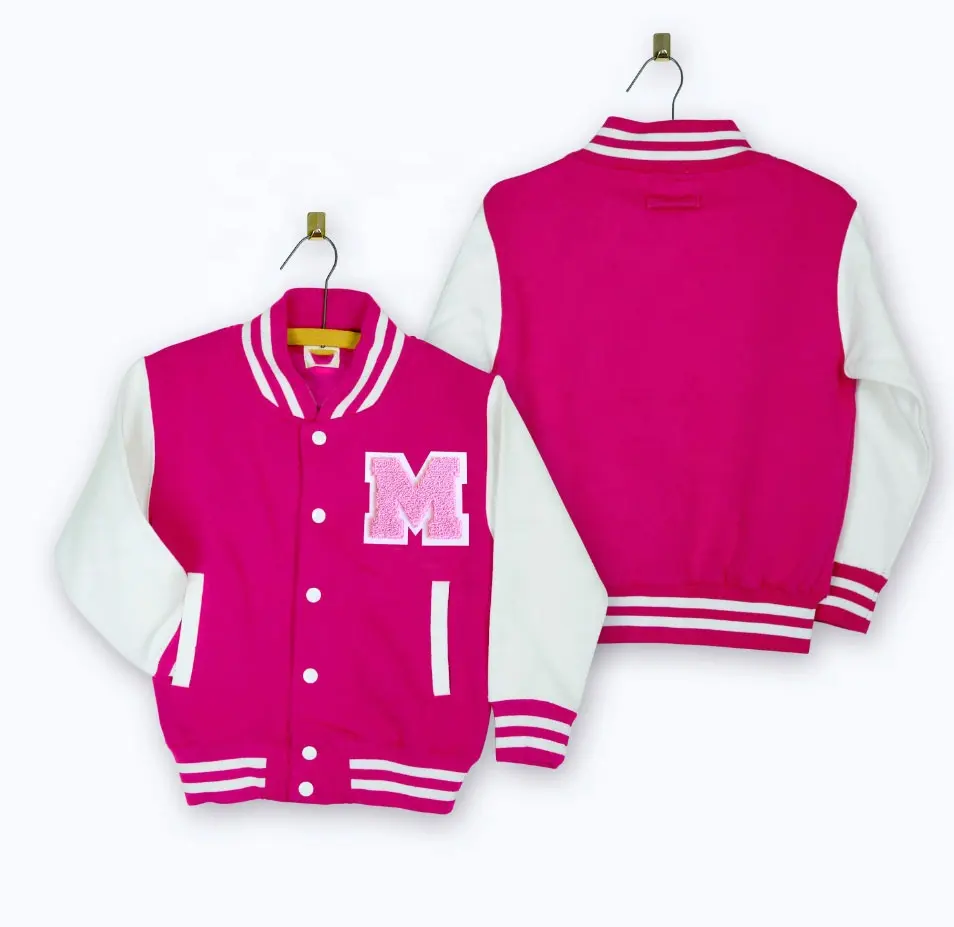 Personalized Kids letterman Jacket Pink White with Soft Letters - Cotton Fleece Girls letterman Jackets