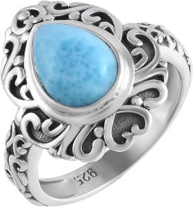 Bague fine en argent sterling 925 massif, design filigrané, avec pierre précieuse Larimar naturelle de forme poire, oxydée, style antique, pour l'amour ou comme bijou. - Product Image 4