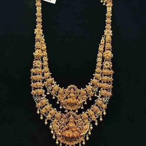 Collier long double couche en or massif 22 carats authentique, bijoux traditionnels de temple Lakshmi Haram, bijoux indiens de mariée raffinés pour femmes - Product Image 1