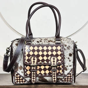 Nouveau Sac à Main Tendance Grande Capacité en Cuir de Vachette Gratté à Motif Damier, Sac Bandoulière en Peau de Bête pour Femme - Product Image 4