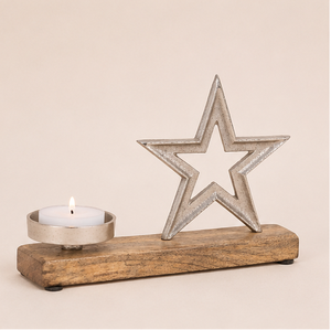 Handmade Christmas Candle Holder Elegant Aluminum Star Design With Sustainable Mango Wood Base <b>Festive</b> Table <b>Top</b> Centerpieces - Product Image 1
