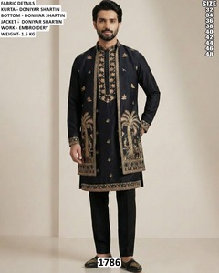 Ensemble Kurta Doniyar Shartin pour homme, couleur turquoise, avec broderies, coupe classique, longueur cheville, tenue traditionnelle pour les occasions de mariage - Product Image 2