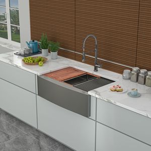 อ่างล้างจานครัวสไตล์ฟาร์มเฮาส์ขนาด 33 นิ้ว สีดำ สแตนเลสสตีล หนา 16 เกจ พร้อมแผงปิดด้านหน้า แบบเวิร์กสเตชัน สีดำกันเมทัล ขนาด 33 นิ้ว - Product Image 4