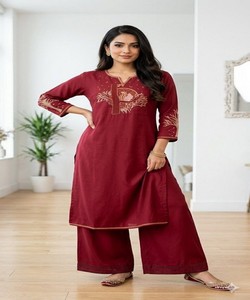 Ensemble Kurta et pantalon en coton slub brodé, style traditionnel moderne, pour femme, tenue de fête estivale, style Inde Pakistan, AARVI- 85441 - Product Image 1