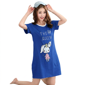 Camisón de manga corta azul claro para mujer con estampado de conejita, cuello redondo, largo hasta la rodilla, ropa de dormir de algodón, vestido informal de verano - Product Image 3