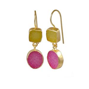 <b>Gold</b> Plated Yellow & Pink Druzy Gemstone Hook Handmade Trendy Boho Collet <b>Set</b> Dangle Drop <b>Earrings</b> for Women - Product Image 1