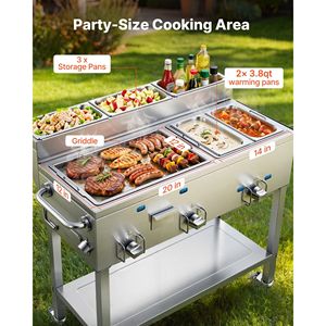 Plancha de Propano Comercial para Exteriores con 3 Quemadores (11,600 BTU Cada Uno), Construcción de Acero Inoxidable, Dos Recipientes para Calentar Alimentos de Tamaño 1/3 - Product Image 3
