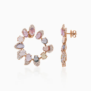 Pendientes de Aro en Oro Rosa con Cristales Multicolor Engastados en Puntas, Joyería Geométrica de Lujo para Mujer, Ideal para Fiestas - Product Image 2