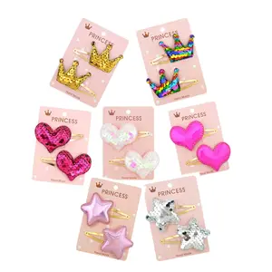 Cute hair accessory bling shiny heart star crown barrettes gradient color reversal sequins snap hair clips for kids