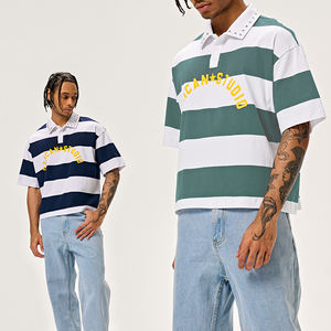 Camiseta Polo Retro de Rugby para Hombre, con Estampado de Franjas, Remaches y Botones, de Algodón, Corte Cuadrado y Recortado, de Alta Calidad - Product Image 4