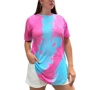 Camiseta Oversize de Mujer con Estampado Tie-Dye, Cuello Redondo, Manga Corta, Ajuste Holgado, Algodón Jersey, Top Casual de Verano, Patrón Rosa y Azul - Product Image 1