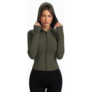 Chaqueta de yoga con cremallera para mujer, cuello alto, manga larga, orificios para los pulgares, nailon, spandex, ligera, transpirable, para entrenamiento - Product Image 3