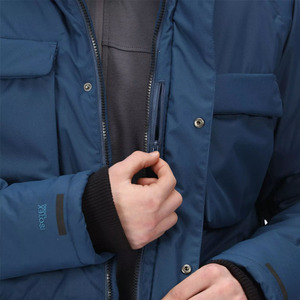 Veste parka d'hiver pour homme, design OEM, bleue, imperméable, avec fermeture éclair, rembourrée, avec poches avant et fausse fourrure sur le capuche, vestes pour homme - Product Image 2