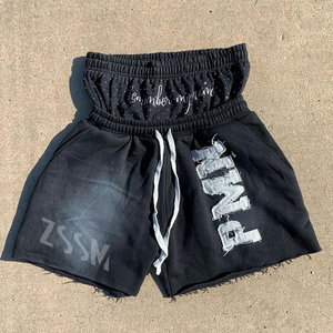 Pantalones Cortos Deportivos Personalizados para Hombre, Estilo Vintage, Lavado Ácido, Doble Cintura, con Parche Bordado en Lona, Felpa Francesa, Bajo sin Rematar - Product Image 2