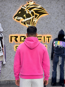 Men's <b>Pink</b> Hooded Zip-Up <b>Sweatshirt</b> Oversized Fleece Casual Autumn Wear Letter Print Front Pocket Design - Product Image 2