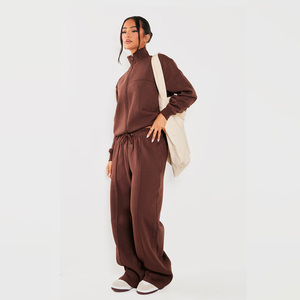 Women <b>Brown</b> Tracksuit Set Full Length Pants With Drawstring Loose Fit Casual Wear 100% Cotton Half-Zip Sweatshirt Solid Color - Product Image 1