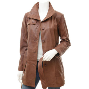 Women's Brown Genuine <b>Leather</b> Trench Coat With Belt And Button Closure Turn-down Collar Full Sleeve Fashion Manufacturer - Product Image 3