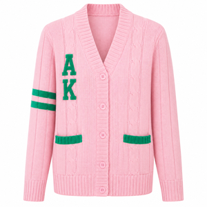 Fabricant OEM ODM personnalisé, cardigan à col en V en tricot rose pour femmes Alpha Sorority, pull brodé - Product Image 3