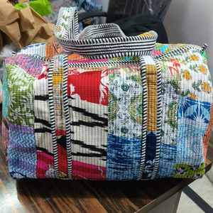<b>Hand</b> Block Printed Cotton Duffel Bag Lightweight Durable Weekender Travel Tote Handmade Quilted Overnight Women Blue Large - Product Image 1