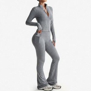 Custom Solid High Stretchy Gym Zip Workout Jackets Breathable <b>Fold</b> Waist Flared Above Knee <b>Yoga</b> <b>Pants</b> 2-Piece Active Wear Sets - Product Image 2