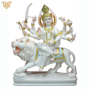 Estatua de Durga Maa en mármol sobre león blanco |   Murti de Durga Mata de Ocho Brazos con Espada y Arco por MALIYAS Jaipur India - Product Image 2