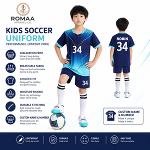 Kids Navy Blue Sky Blue White Custom Soccer Uniform Kit Jersey Shorts <b>Socks</b> Set Sublimated Youth Teamwear OEM Premium Fit - Product Image 5