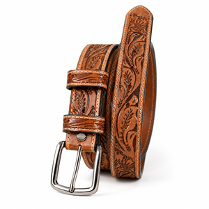 Cinturón de Cuero Hecho a Mano para Hombre con Diseño Floral en Relieve, Cinturón Casual Duradero y a la Moda - Product Image 1