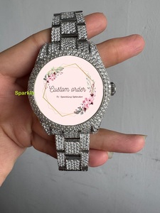 Montre Moissanite entièrement sertie de pierres pour unisexe, avec cadran analogique artisanal en acier inoxydable, montre de luxe pour soirée, cadran rose, montre analogique - Product Image 3
