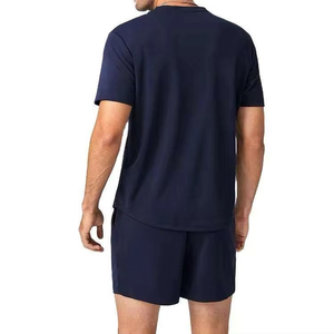 Ensemble 2 pièces homme bleu respirant de haute qualité pour l'été : T-shirt à manches courtes et short personnalisé grande taille avec cordon de serrage, couleur unie - Product Image 4
