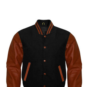 Men's Black Wool Varsity <b>Jacket</b> With Brown Leather Sleeves And Horn Buttons Casual Autumn Wear - Product Image 2