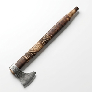 Hache artisanale en acier au carbone avec gravure de runes nordiques, manche en bois d'acajou gravé, enveloppe en cuir – Fournisseur en gros - Product Image 1