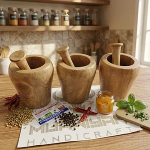 High quality Wooden Mortar And Pestle <b>Set</b> Round Shape Natural Wood Spice Grinder Durable Herb & Garlic Crusher for <b>Kitchen</b> Use - Product Image 1