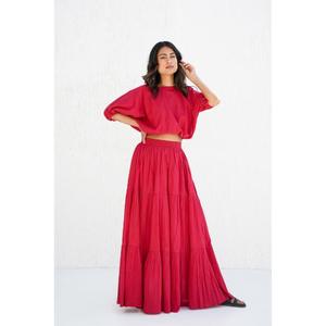 <b>White</b> Bohemian Two-<b>Piece</b> Set Puff Sleeve Crop Top And Floor-Length A-Line Skirt Natural Waist Solid Color Summer Dress For Women - Product Image 2