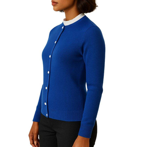 High Demand <b>Royal</b> <b>Blue</b> <b>Women</b>’s Knit <b>Cardigan</b> Sweater White Ruffle Collar Embroidered Cotton Letter Button-Up Breathable - Product Image 3