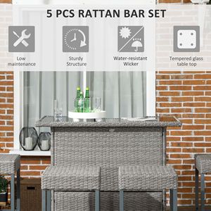 Set da Bar in Rattan a 5 Pezzi con Tavolo Alto e 4 Sgabelli con 2 Ripiani, Colore Grigio, per Esterni e Patio - Product Image 4