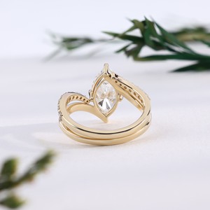 Anillo de compromiso de oro con diamante talla marquesa, diseño único de onda cruzada con pavé, conjunto de anillos de boda nupcial, joyería fina, regalo para mujer - Product Image 2
