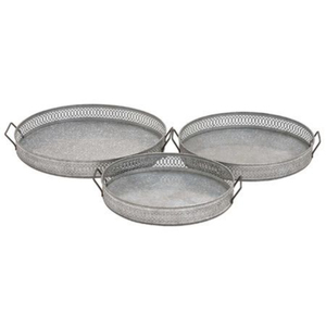 Juego de 3 bandejas de servir rústicas de metal galvanizado con asas, bandejas decorativas redondas con revestimiento de zinc estilo granja - Product Image 1