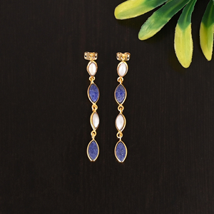Boucles d'oreilles pendantes en argent sterling 925 avec pierres précieuses lapis-lazuli et nacre pour femmes - Product Image 1