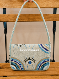Bolso de Hombro con Solapa y Cuentas, Hecho a Mano, Duradero, Ligero, Ecológico, para Mujer, Diseño Bohemio con Patrón Geométrico y Ojo Azul, Correa Única - Product Image 2