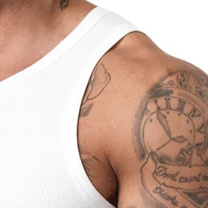 Mens White Ribbed Gym Tank Top Sleeveless O-Neck Printed <b>Athletic</b> Workout Shirt Fitness Training Sportswear Apparel - Product Image 5