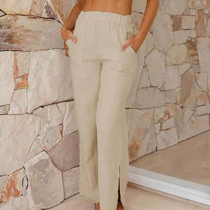 Women's Solid Color <b>Wide</b> <b>Leg</b> <b>Linen</b> Pants High Waist Elastic Loose Fit Full Length Casual Summer Style With Frayed Edges - Product Image 4