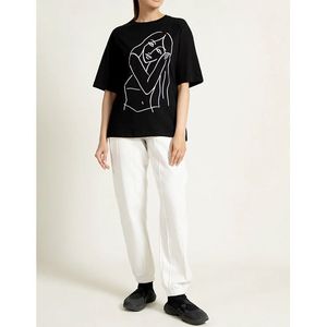 Camiseta Oversize Negra Transpirable para Mujer, Manga Corta, Cuello Redondo, Corte Holgado, 100% Algodón Jersey, Diseño Artístico Estampado, Estilo para Todas las Temporadas - Product Image 6