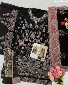 Traje semi-sellado de chifón pesado con bordado de hilo Zari y lentejuelas, y trabajo Khatli - Conjunto Salwar - Proveedor indio - Product Image 6