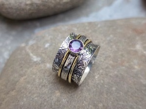 Wholesale 925 Sterling Silver Amethyst <b>Spinner</b> <b>Ring</b> Natural Purple Gemstone Floral Engraved Meditation Fidget Wide Band <b>Ring</b> - Product Image 5